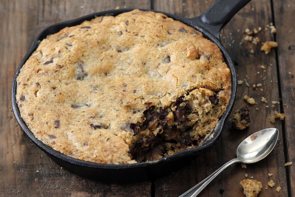 Giant Chocolate Chip Cookie in a Pan with Peanut Butter and Walnuts