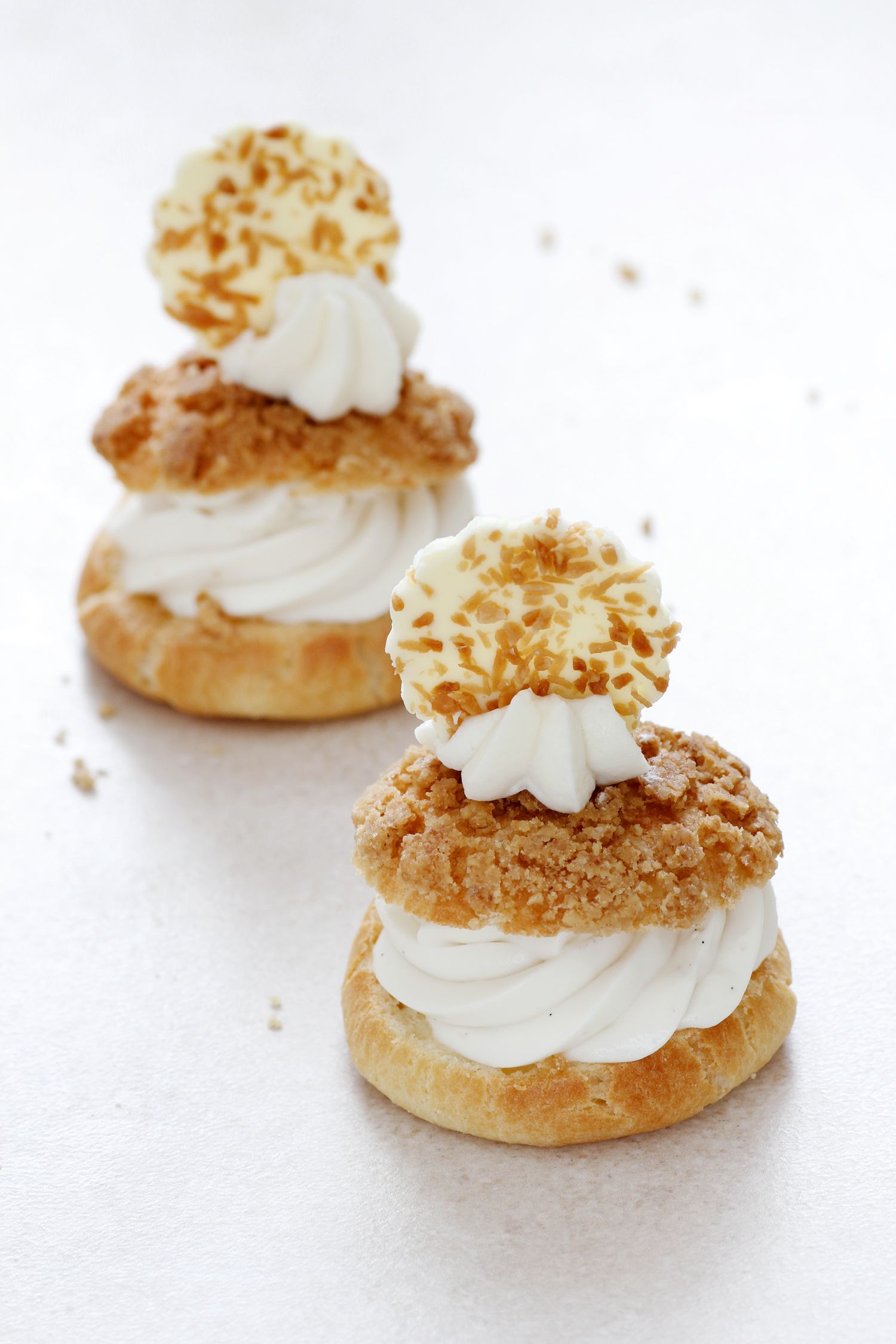 Cream Puffs filled with Honey White Chocolate Mousse and Almond Streusel