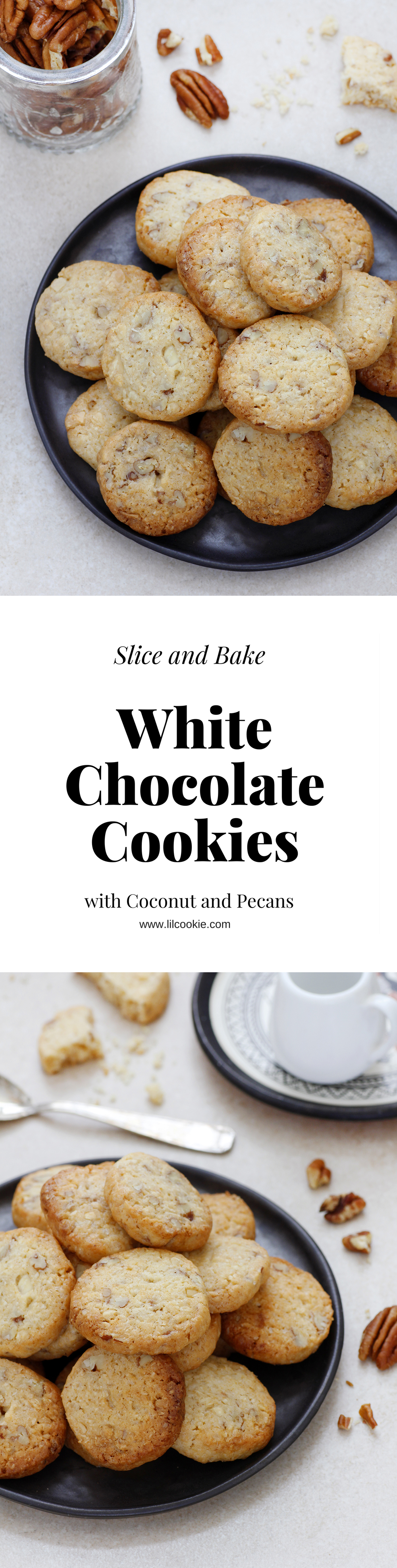 Slice and Bake White Chocolate Cookies with Coconut and Pecans #recipe #whitechocolate #cookies #pecans #coconut #christmas