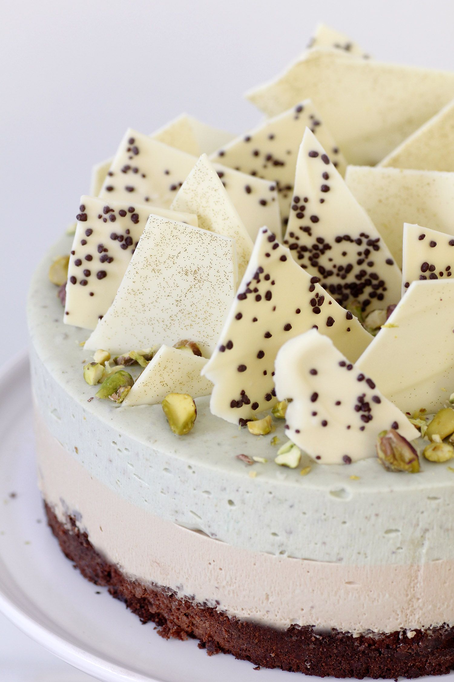 Pistachio Mousse Cake with Coffee and Chocolate Brownies