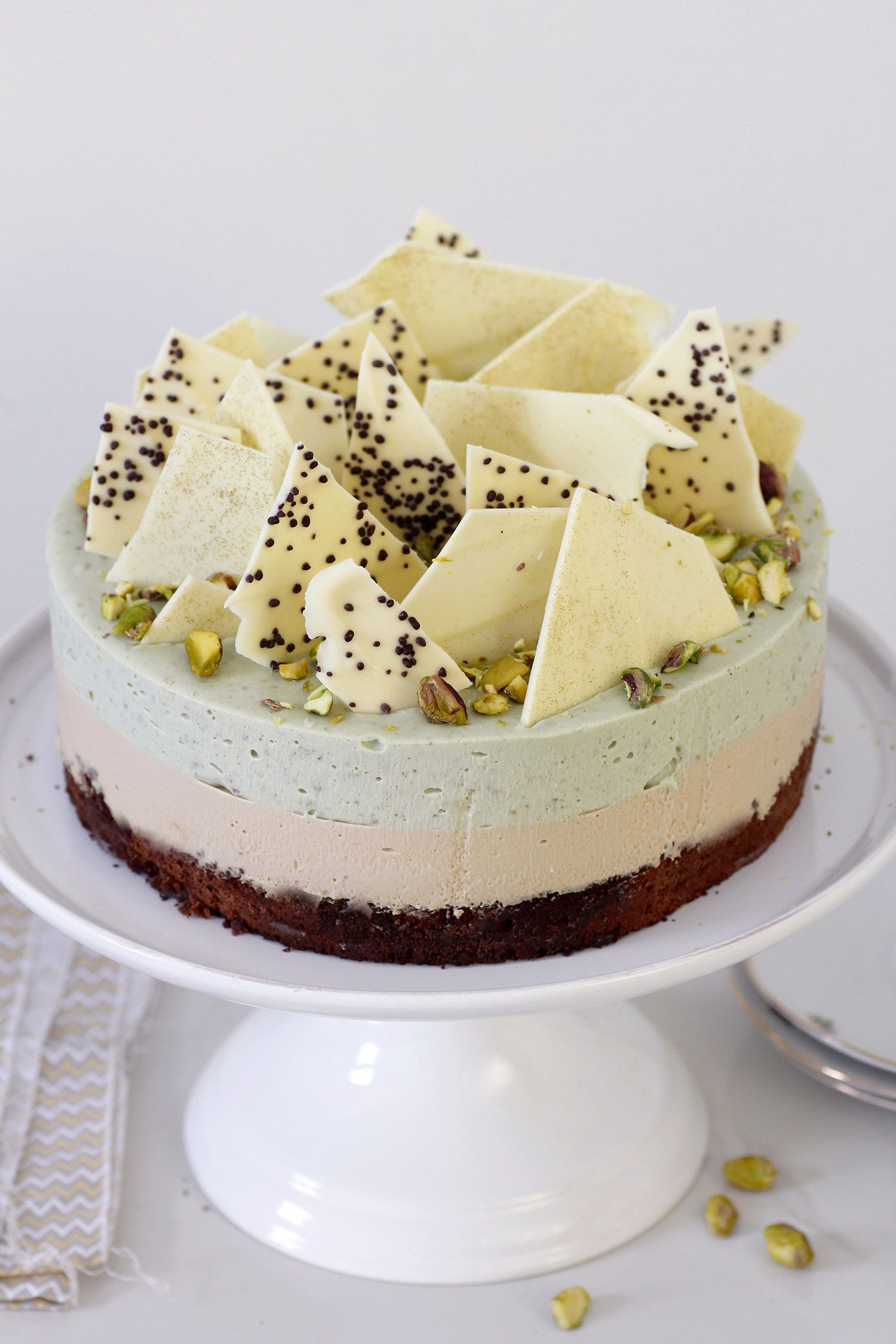 Pistachio Mousse Cake with Coffee and Chocolate Brownies